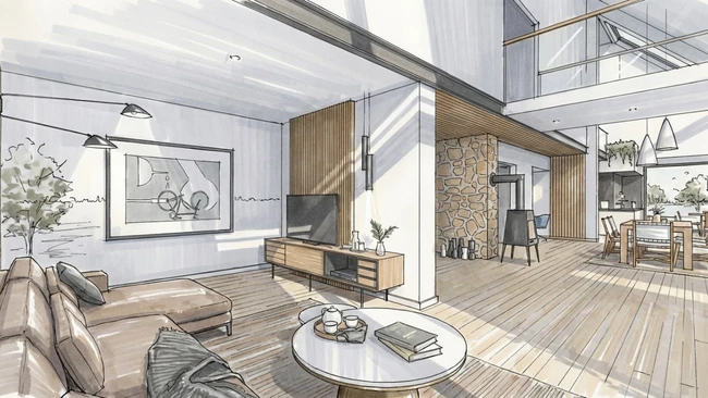 Rendu 3D intérieur avec application du style IA architectural réalisé avec Cedreo