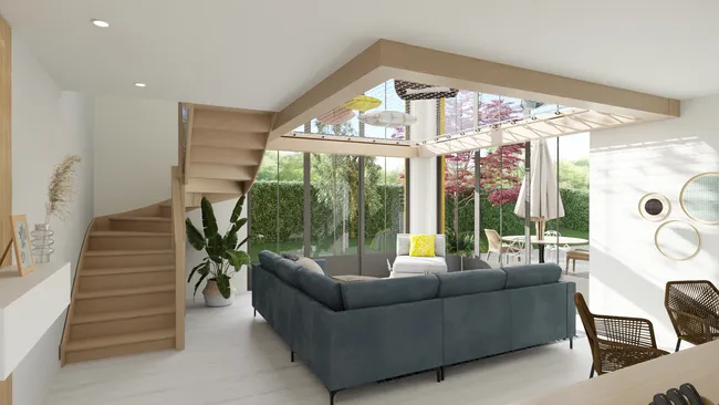 Rendu 3D intérieur d'un salon dans une extension par Cedreo
