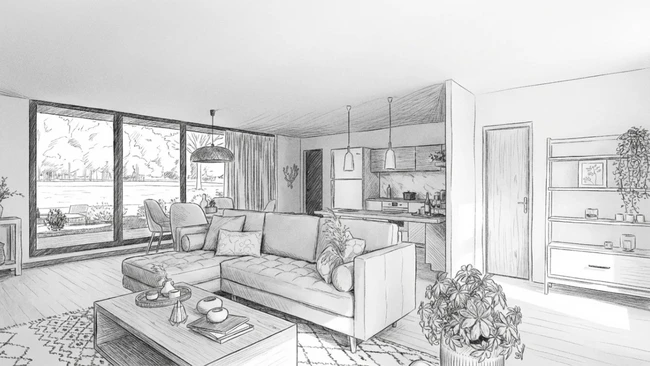 Rendu 3D IA d'une pièce de vie salon avec l'effet crayon noir réaliser par Cedreo