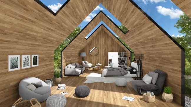 3D render of a modern cabin house with glass and wood by Cedreo