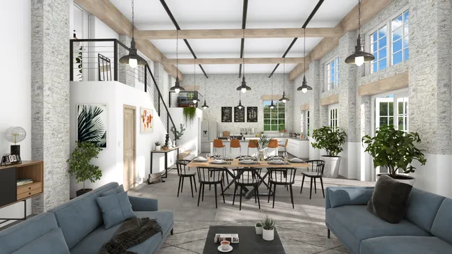 3D render of a modern house with open floor plan by Cedreo